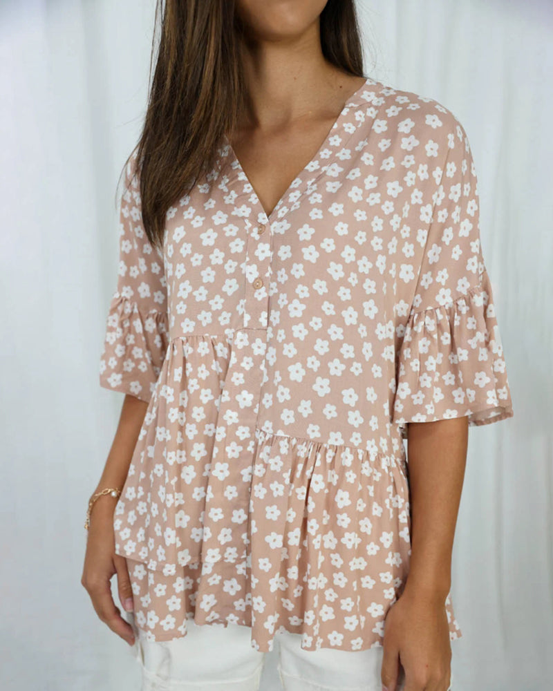 Bloemenblouse met V-hals en klokmouwen