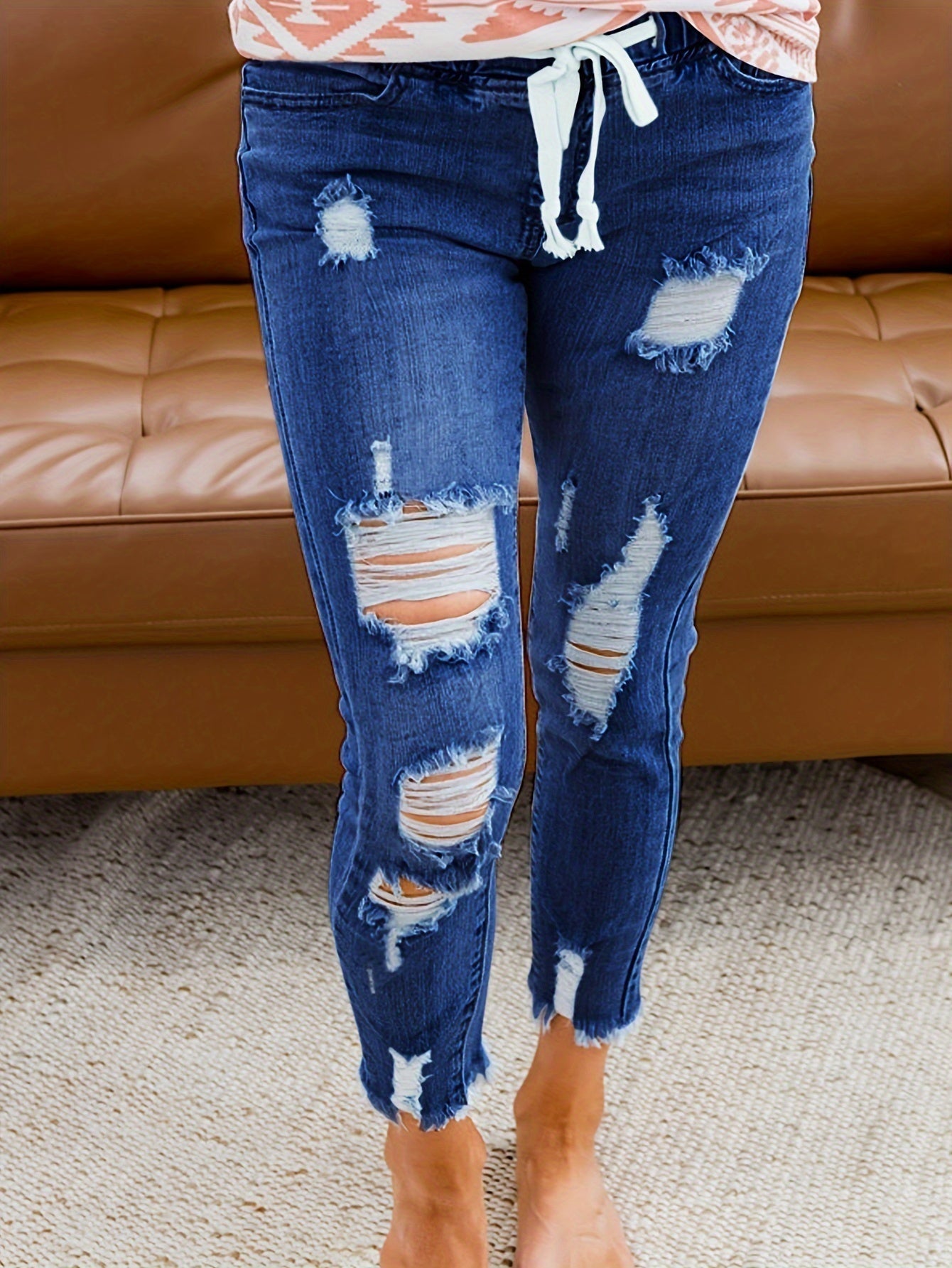 Dames distressed skinny jeans met trekkoord - veelzijdige stretch denim broek voor casual gelegenheden