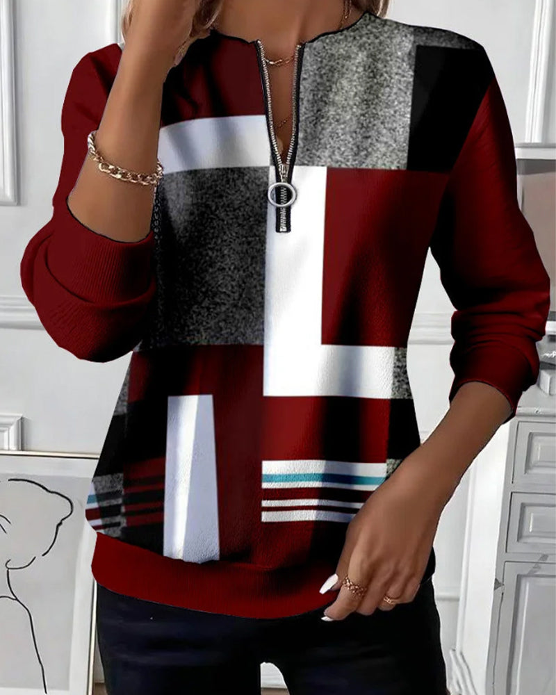 Casual Sweatshirt Met Halve Rits En Print