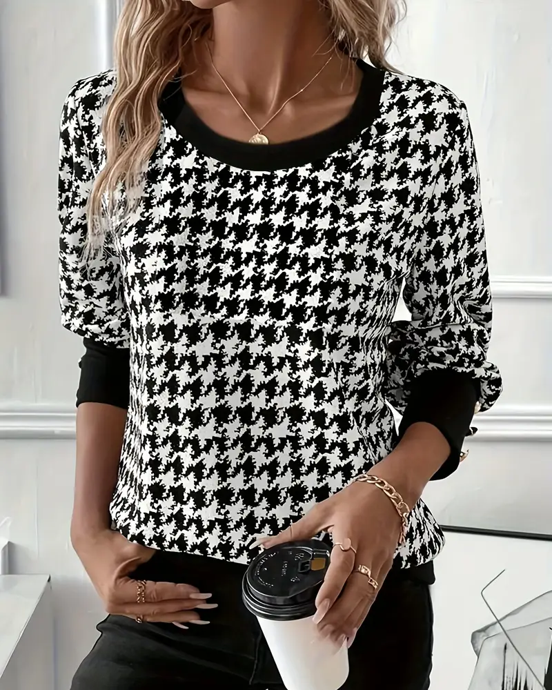 T-Shirt Met Klassieke Stijl, Houndstooth Patroon, Kleurblok Panelen