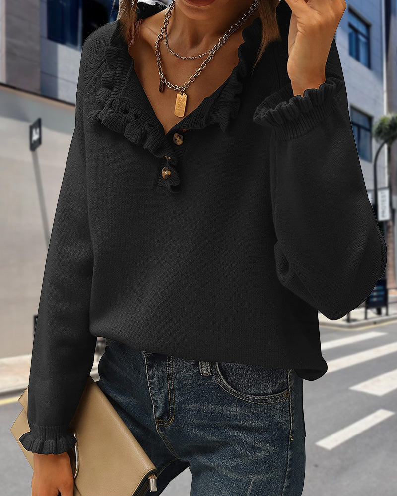 Casual effen kleur pullover met revers knoop en ruche