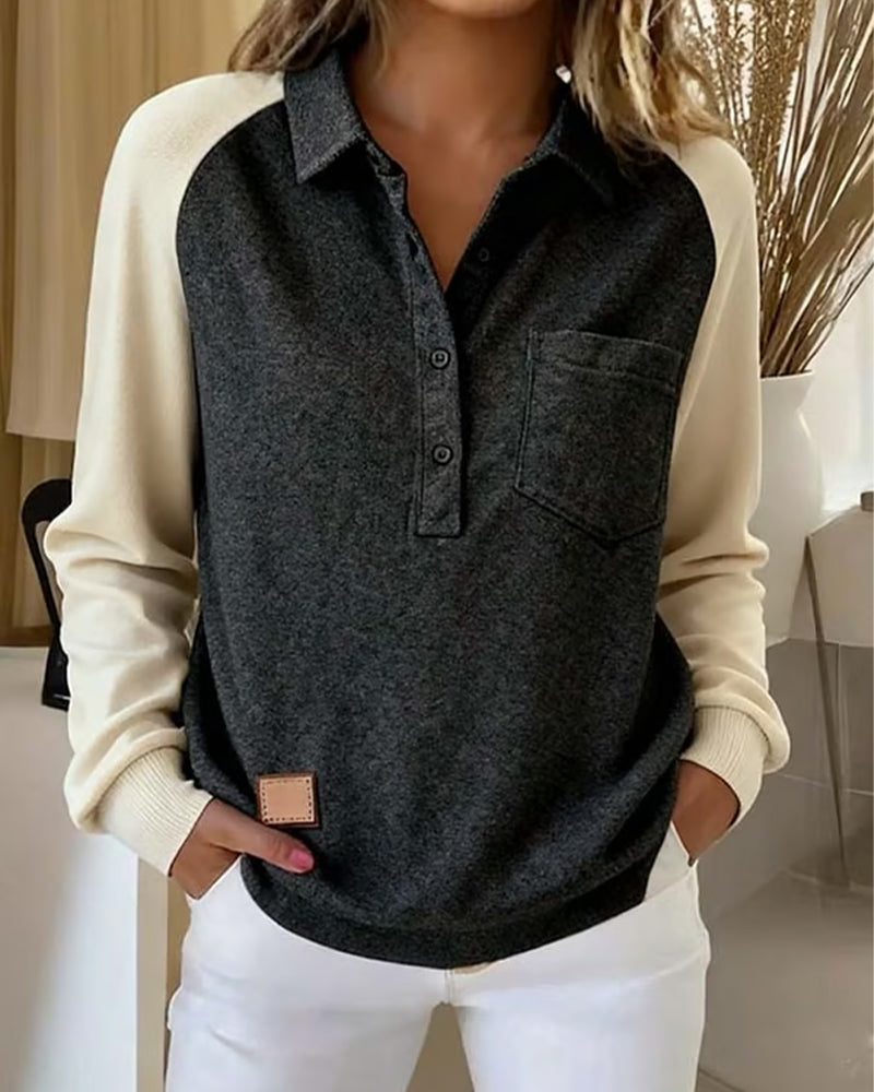 Top Polo Kraag Contrasterende Kleur Lange Mouw