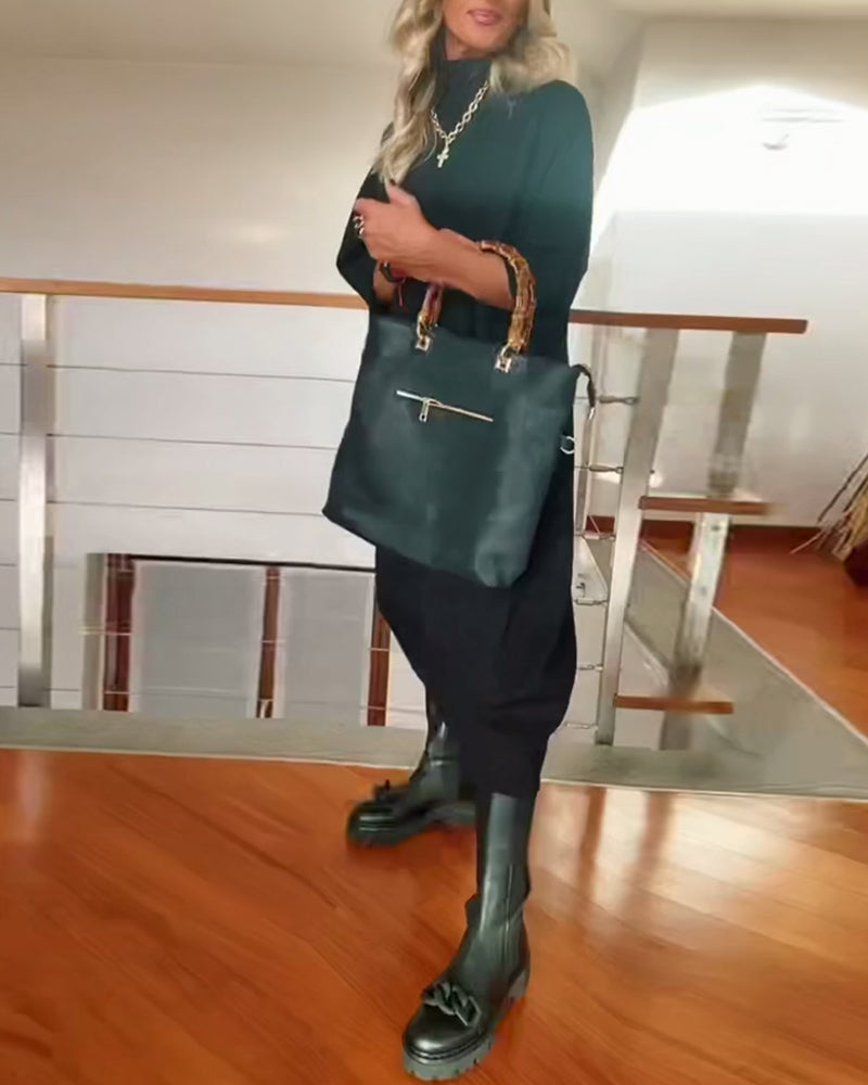 Effen kleur losse hoge kraag casual jurk