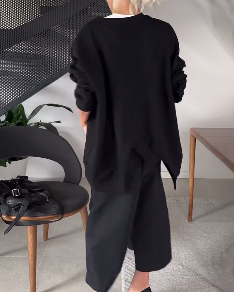 Effen casual sweatshirt met ronde hals en split