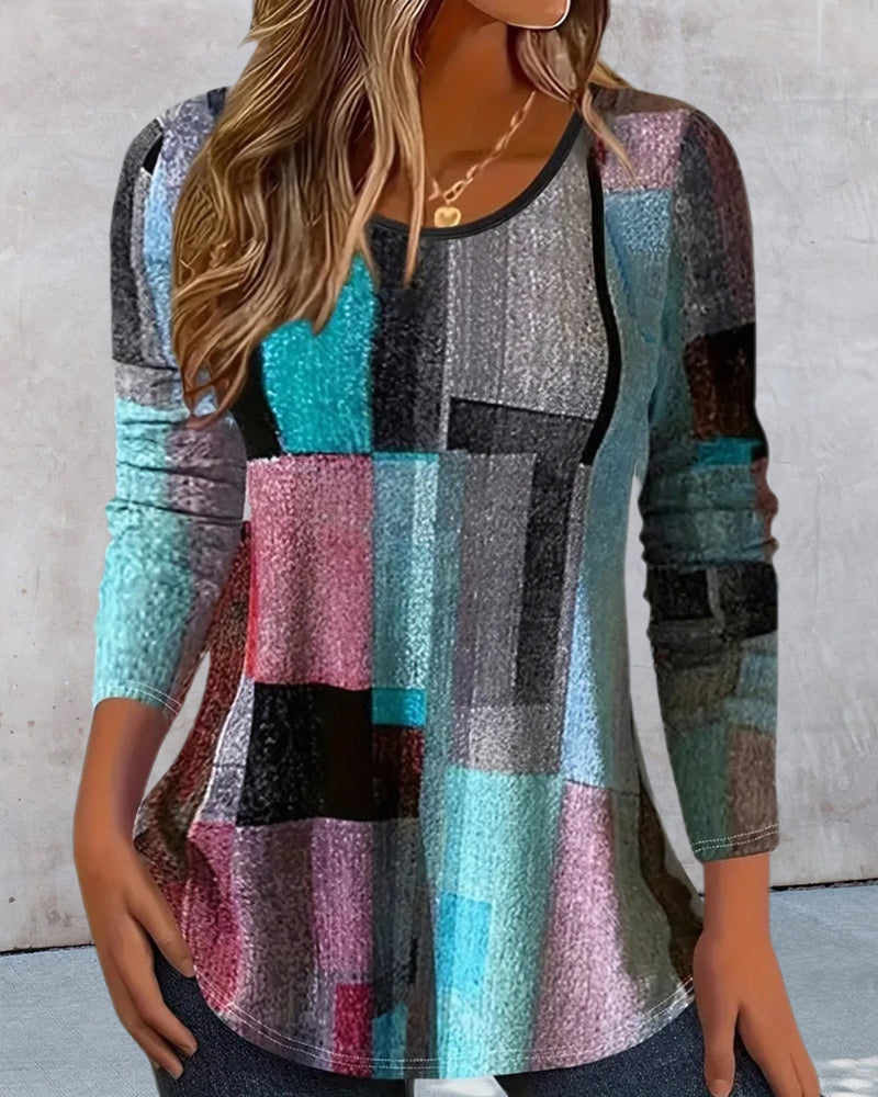 T-shirt casual bedrukt lange mouw ronde hals