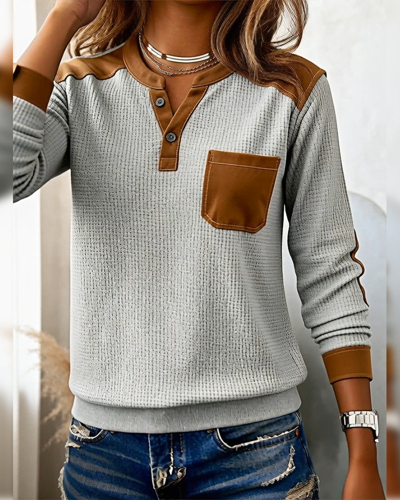 Sweater Contrastkleur Open Knop Zakken