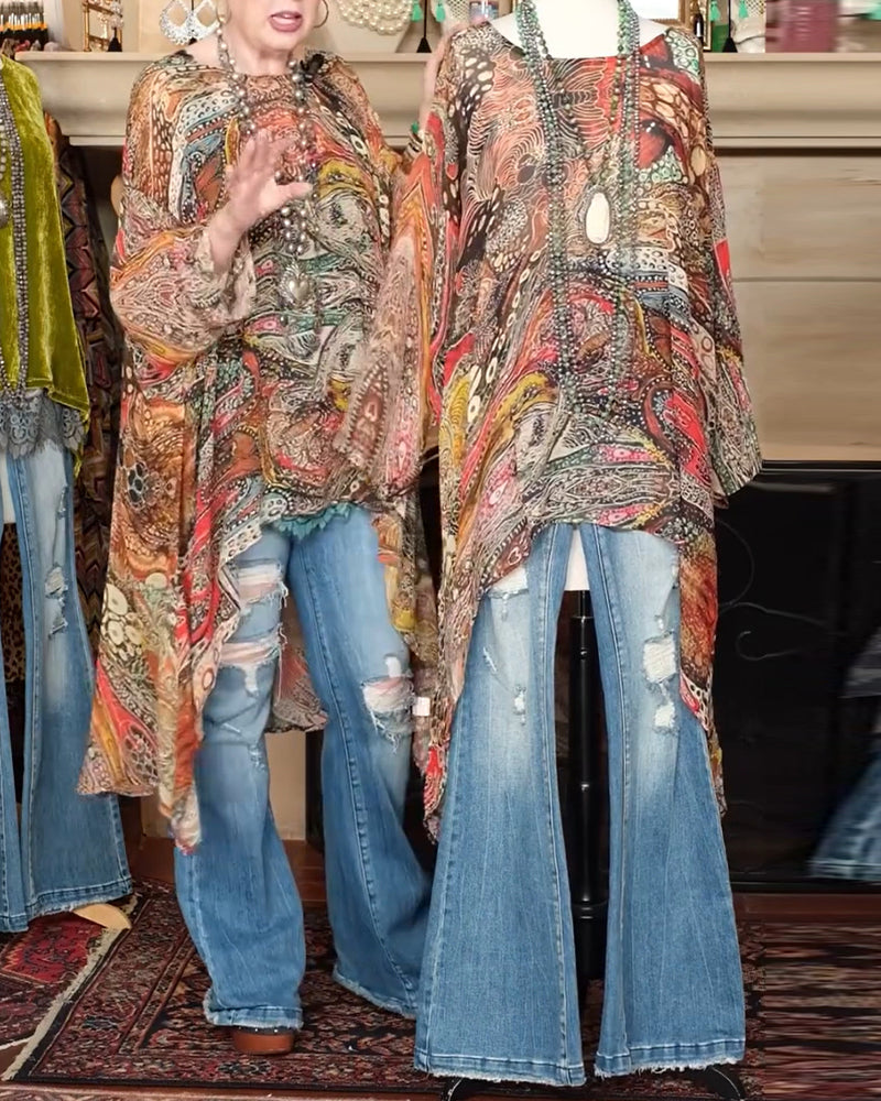 Blouse Wijde Vleermuismouw Print