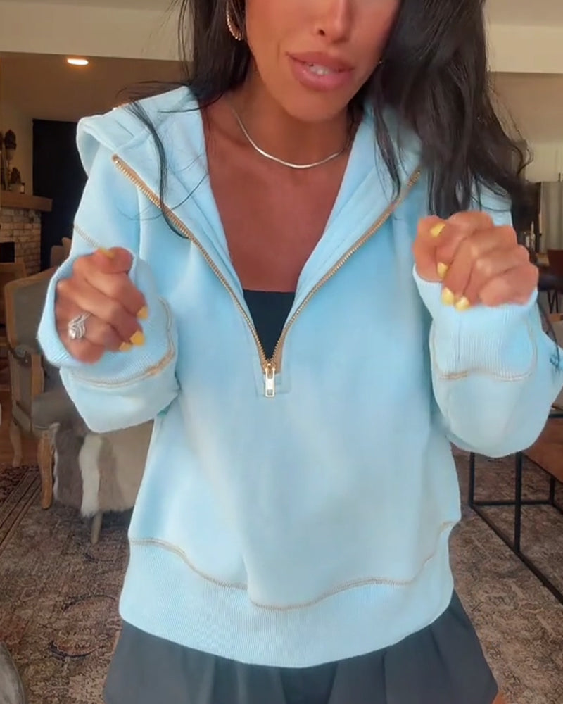 Sweatshirt casual met capuchon, effen kleur en rits