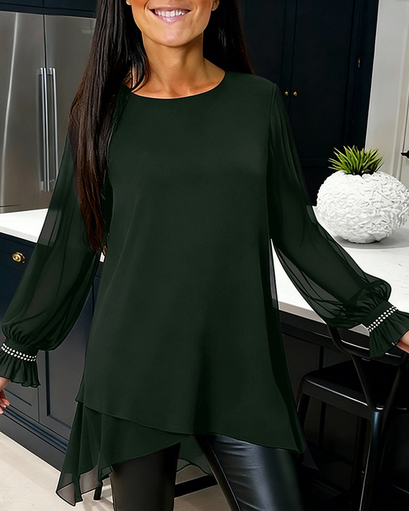 Blouse Gekraalde Poofmouw Ronde Hals