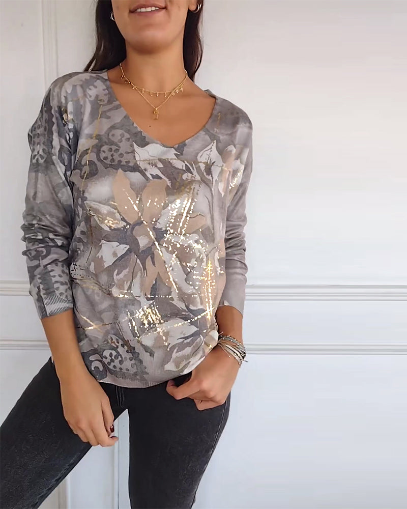 Vintage top met V-hals en lange mouwen met bloemenprint