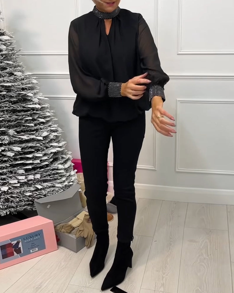 Mode effen kleur blouse met staande kraag patchwork en holle