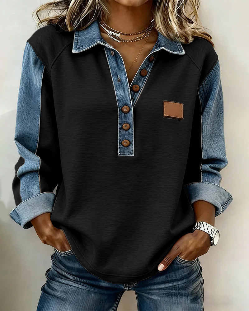 Sweatshirt stijlvolle denim patchwork lange mouwen