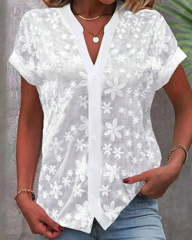 Blouse met korte mouwen en V-hals