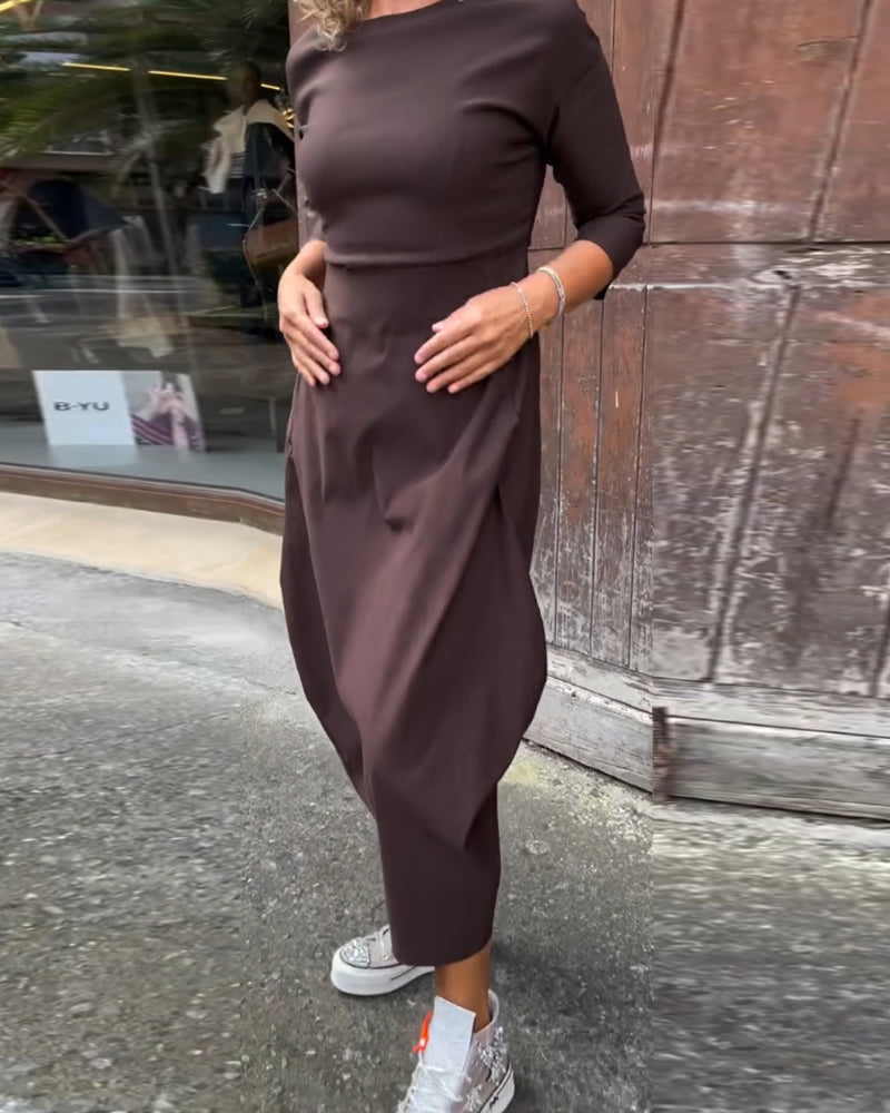 Eenvoudige effen kleur zak lange mouw elegante jurk