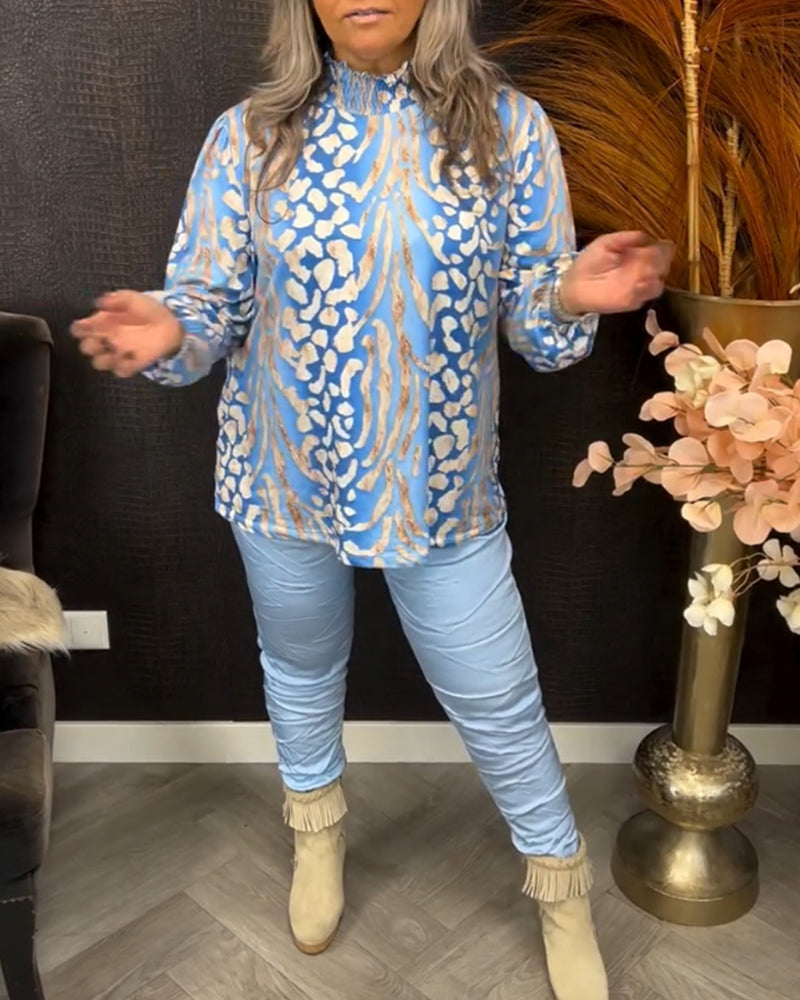 Top met lange mouwen, opstaande kraag en print