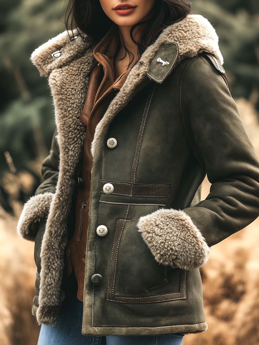 Dames retro suède jas - warme klassieke winterjas met luxe voering