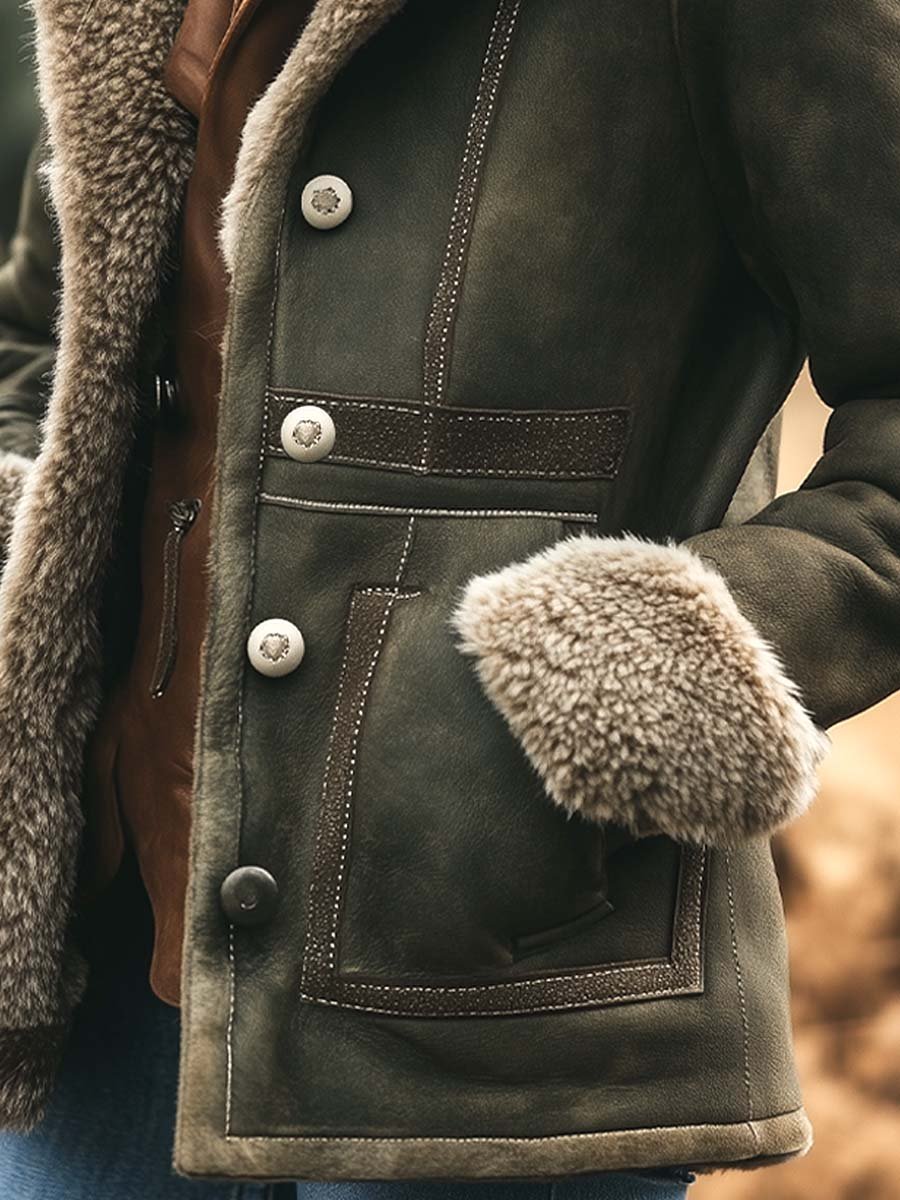 Dames retro suède jas - warme klassieke winterjas met luxe voering