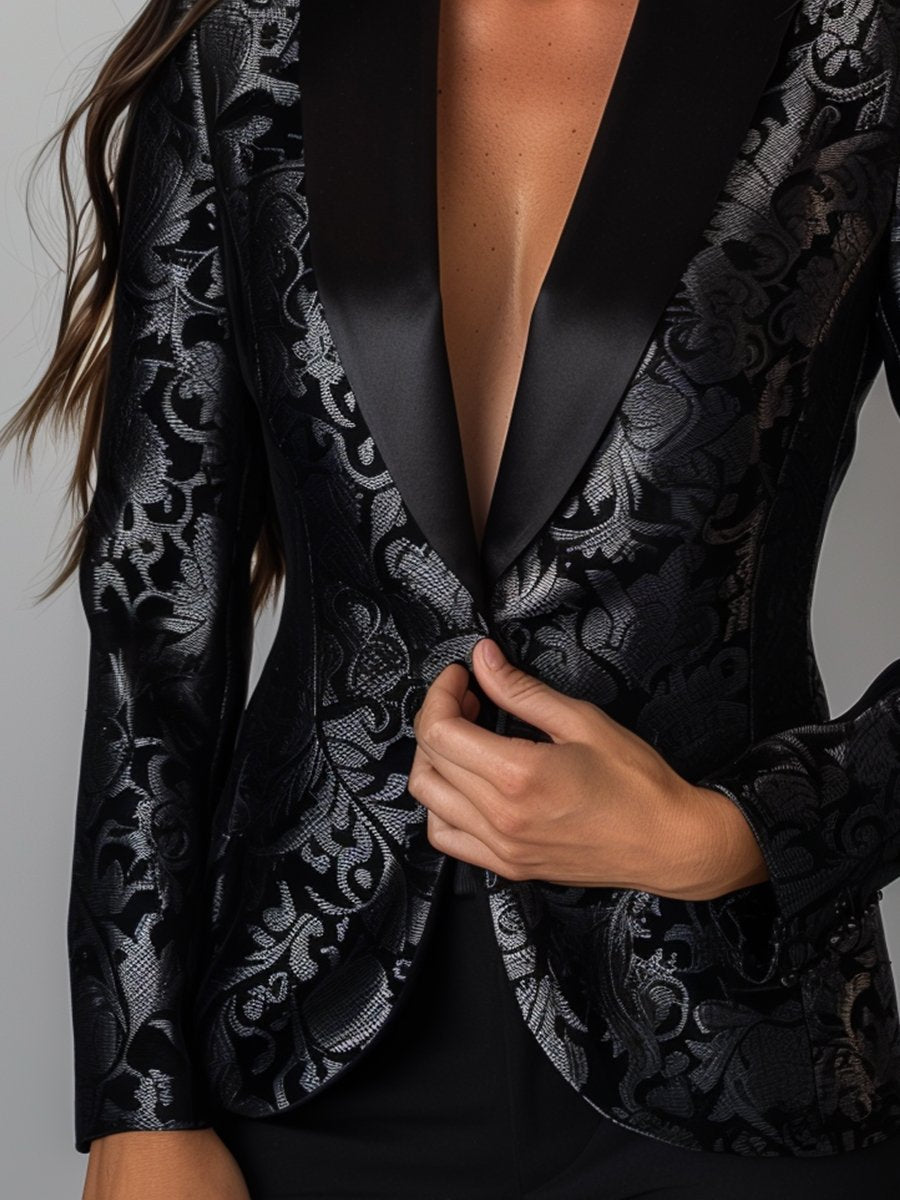 Luxe zwarte en zilveren bloemen jacquard blazer - elegante avondjas voor dames