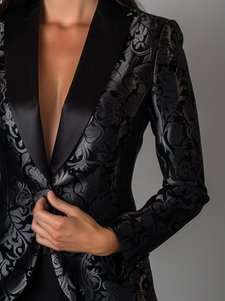 Luxe zwarte en zilveren bloemen jacquard blazer - elegante avondjas voor dames