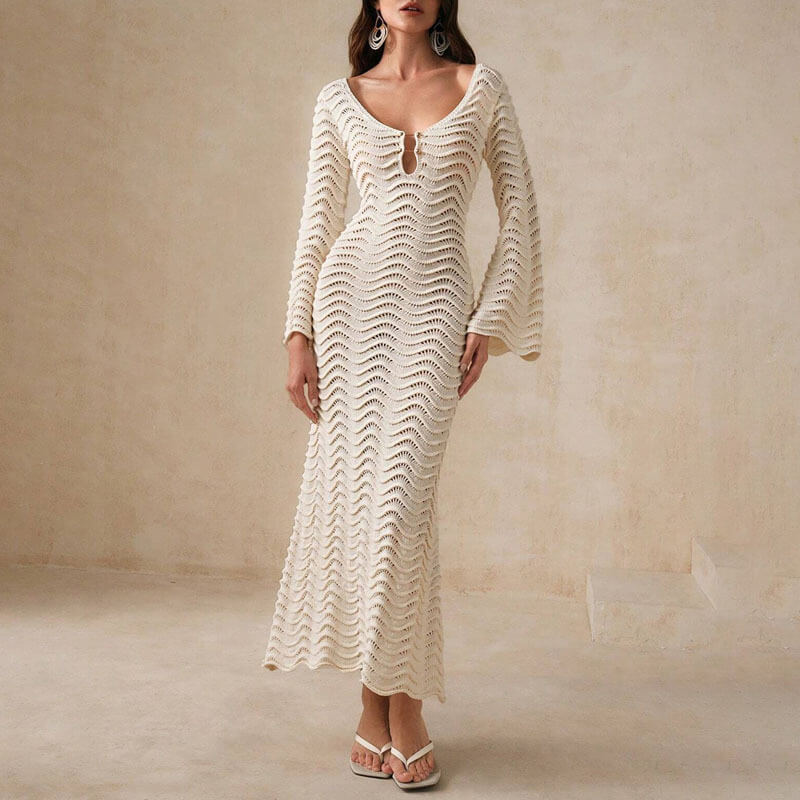 Vrouwen gebreide jurk met uitlopende mouwen - elegante haakwerk midi jurk voor dames