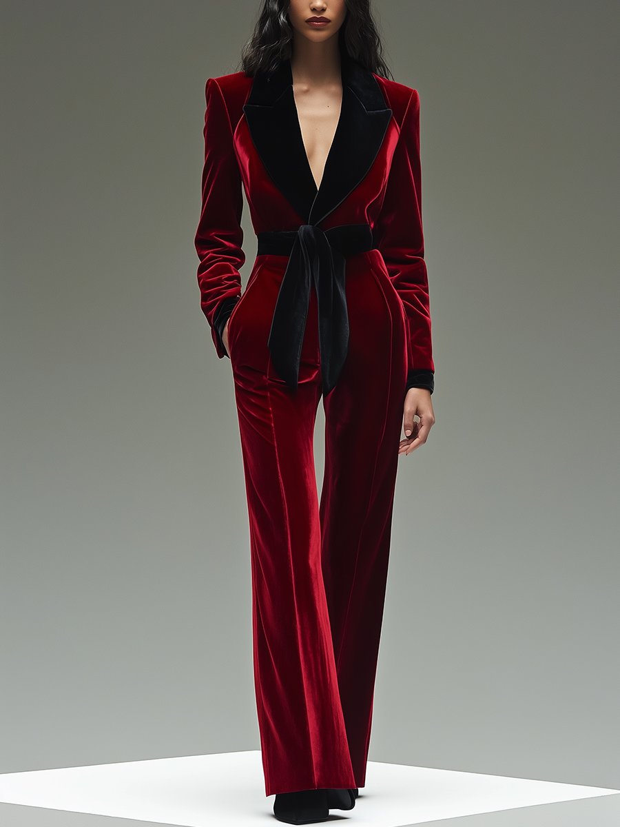 Velvet jumpsuit - stijlvolle rode dames jumpsuit met lange mouwen