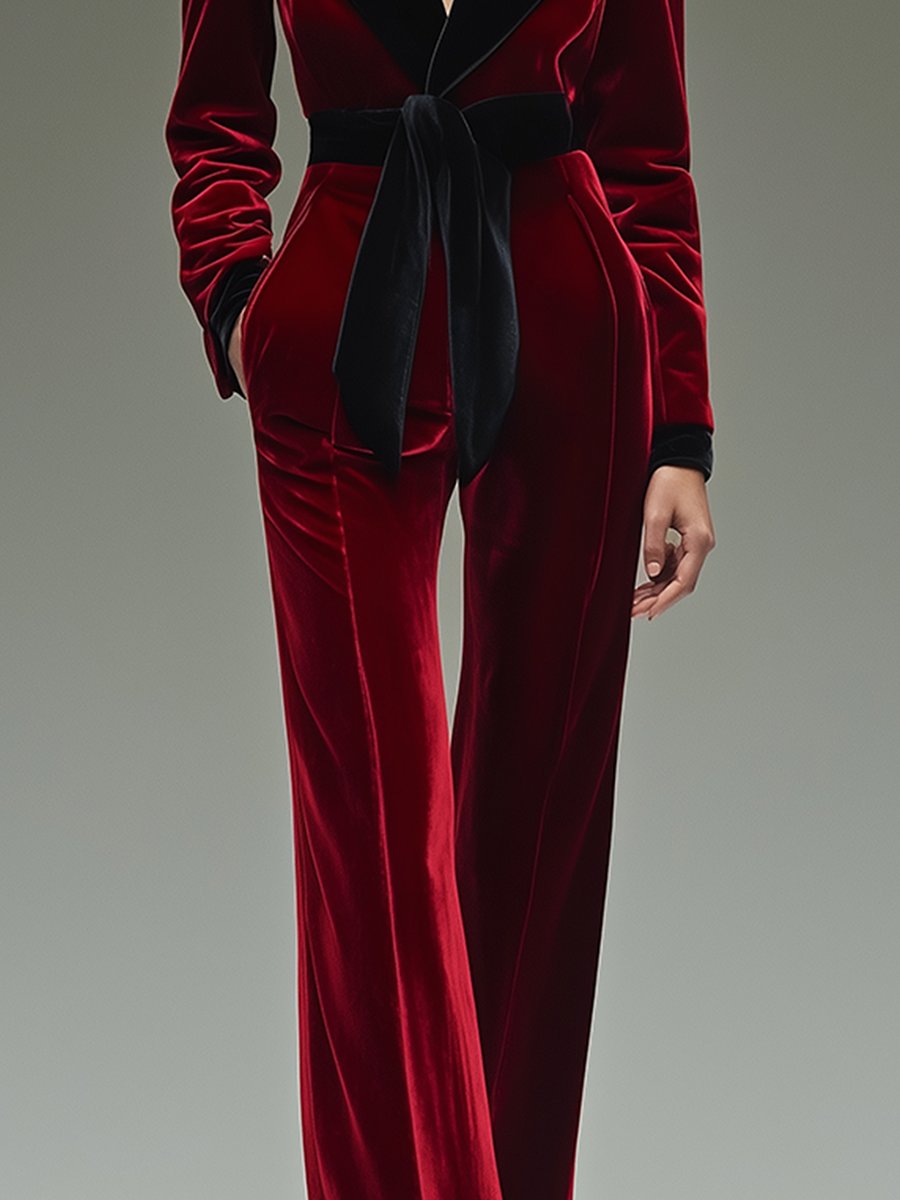 Velvet jumpsuit - stijlvolle rode dames jumpsuit met lange mouwen