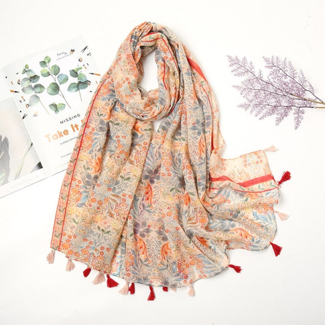 Florale pashmina sjaal met franjes - elegante dames sjaal