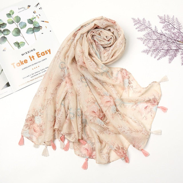 Florale pashmina sjaal met franjes - elegante dames sjaal