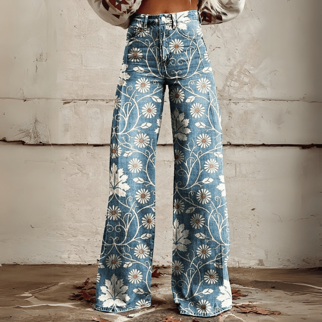 Dames vintage bloemen wijde broek - boho denim met witte bloemp print