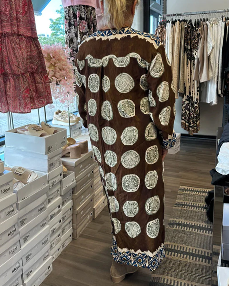 Jurk Lange Mouwen V-Hals Gedrukt