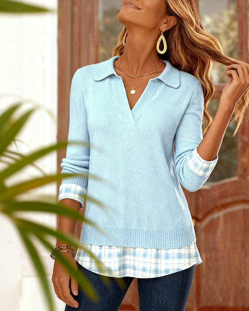 Elegante Pullover Met Nep Twee-Delig Ruitpatroon