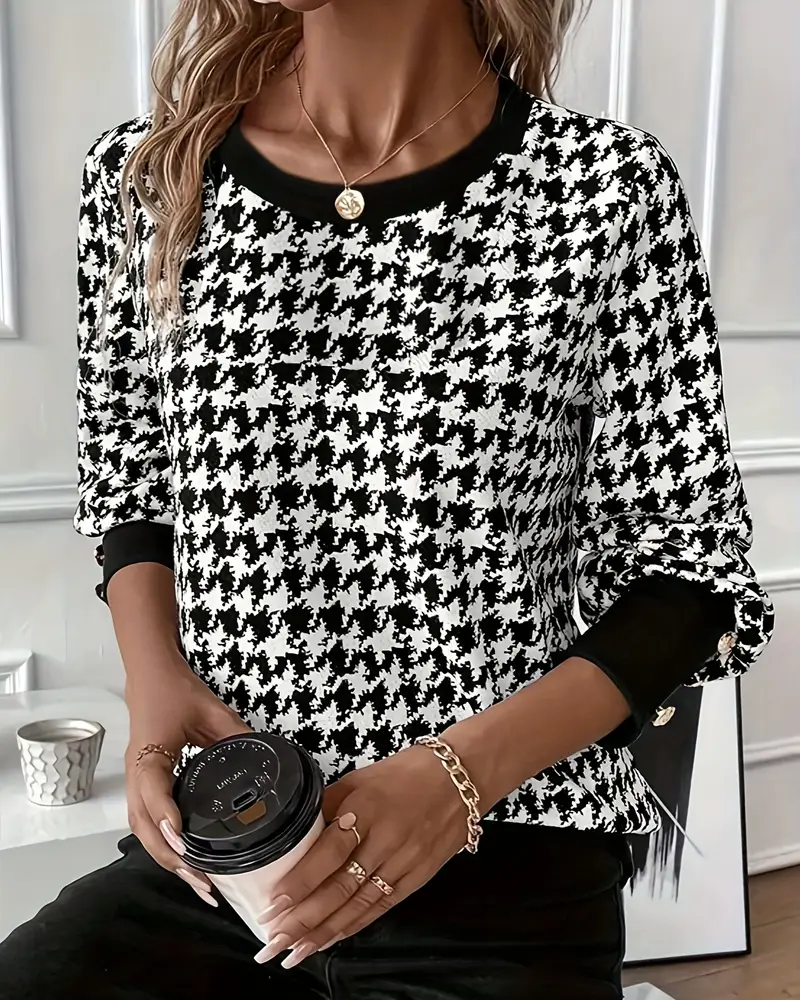 T-Shirt Met Klassieke Stijl, Houndstooth Patroon, Kleurblok Panelen