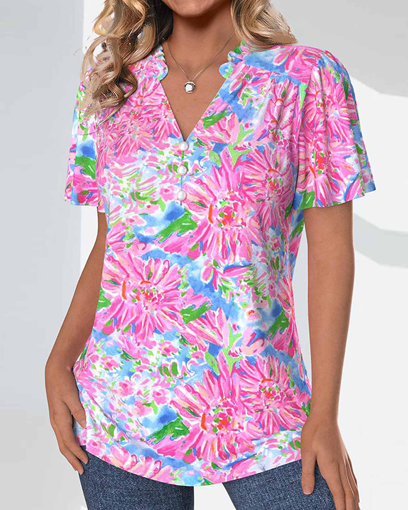 Blouse met korte mouwen en bloemen en knopen