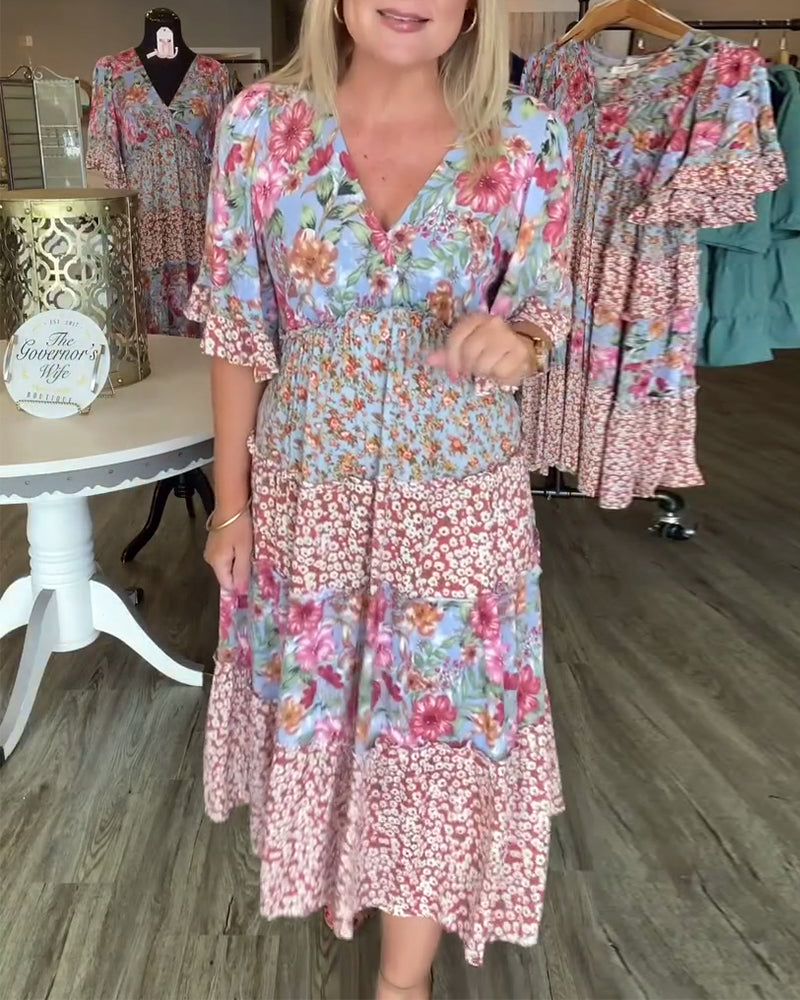 Jurk V-Hals Lotussmouwe Bloemig