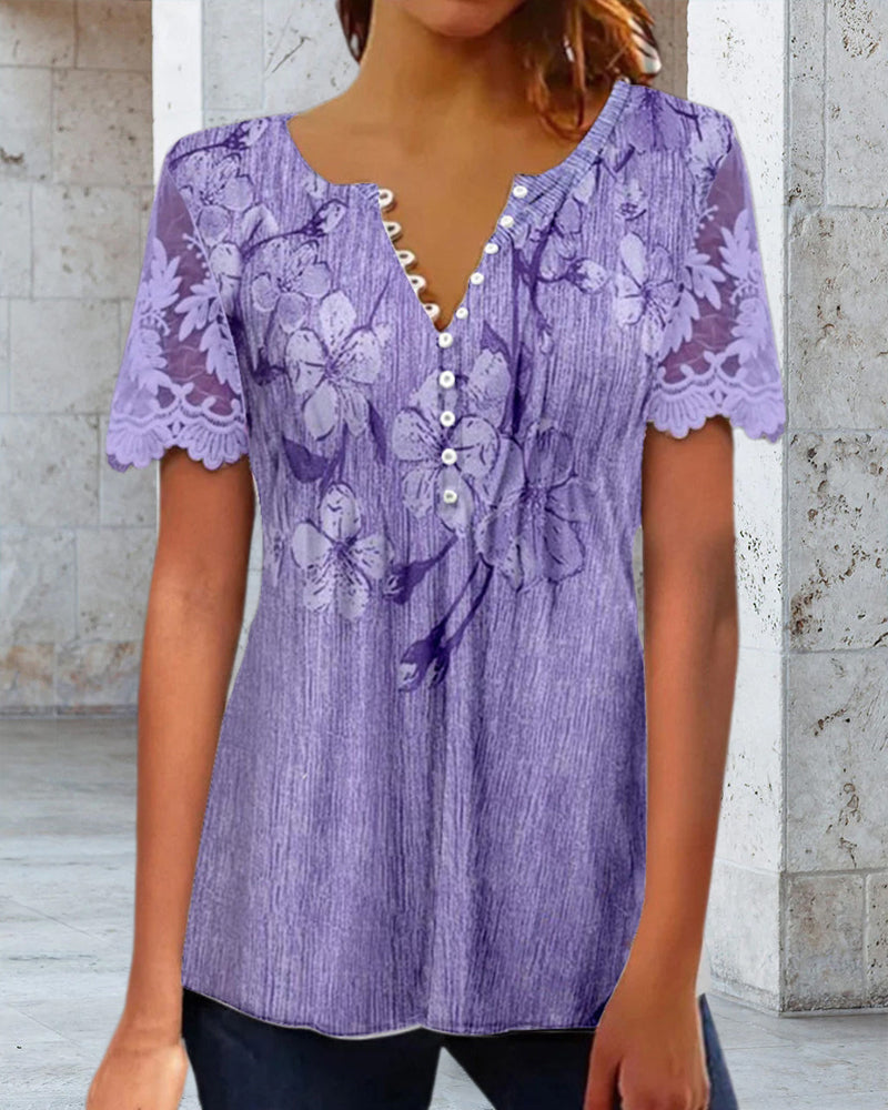 Blouse Met Kanten Inzet Ronde Hals Bedrukt