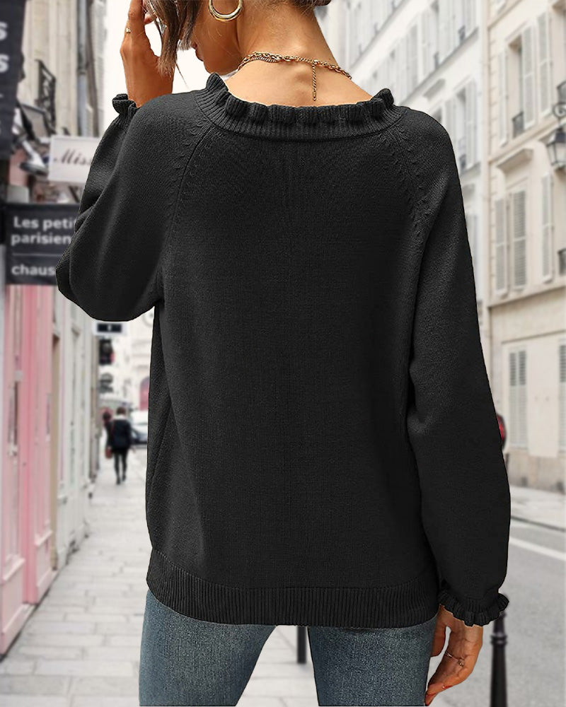 Casual effen kleur pullover met revers knoop en ruche