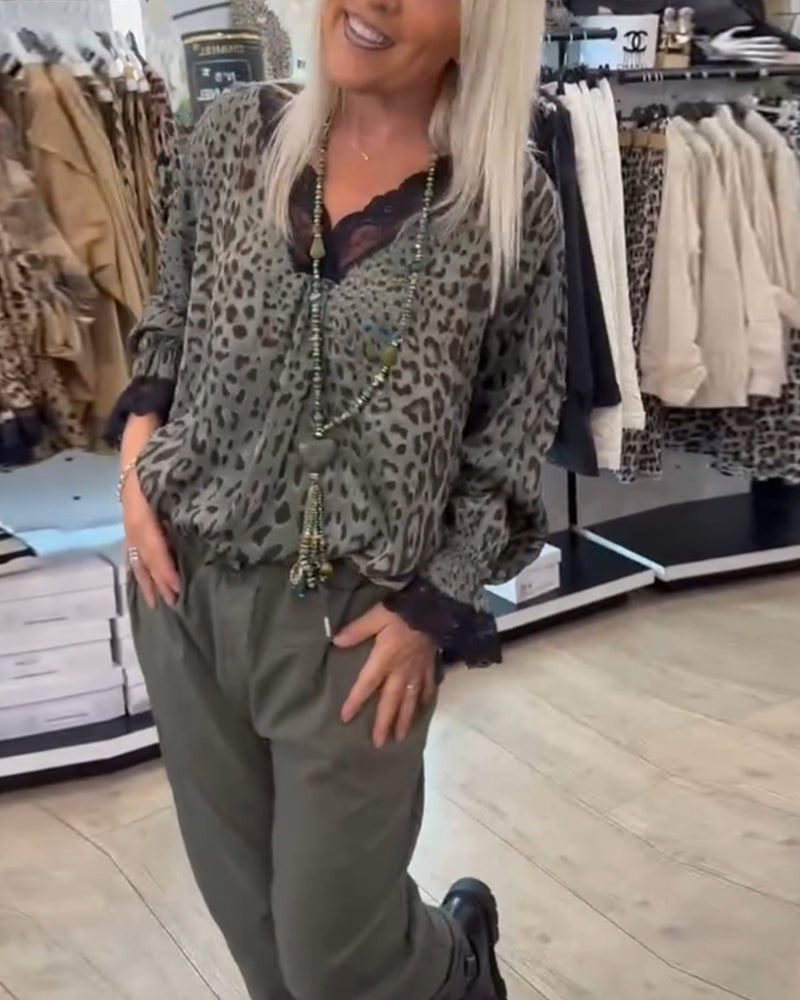 Mode luipaard print blouse met V-hals en kant patchwork