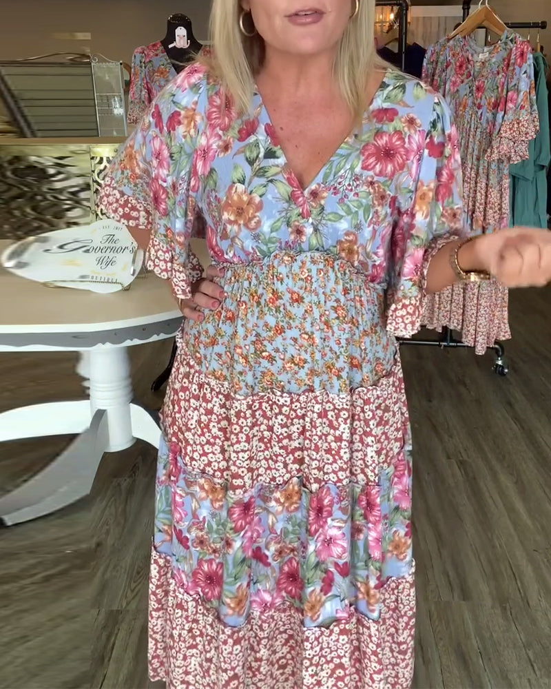 Jurk V-Hals Lotussmouwe Bloemig