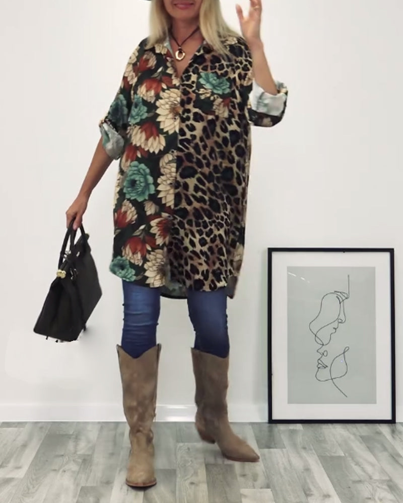Revers overhemd met patchwork en luipaardprint
