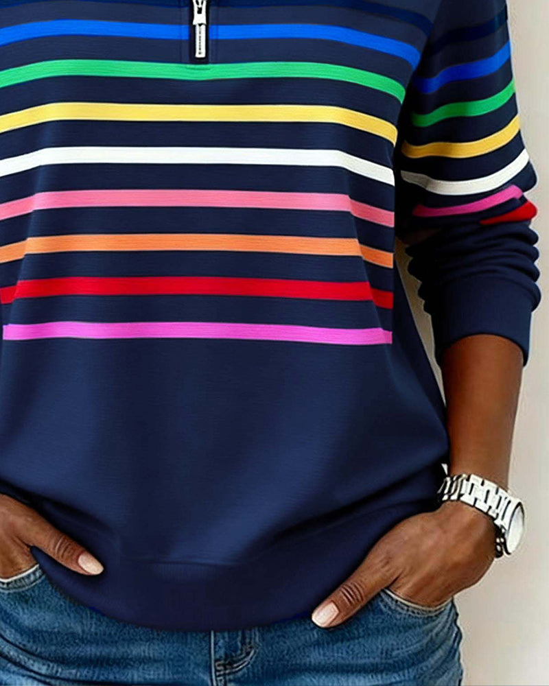 Modieuze Sweatshirt Met Halve Rits En Regenboogstrepen