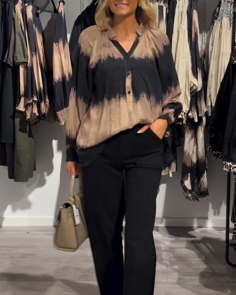 Vintage colorblock V-hals blouse met knopen