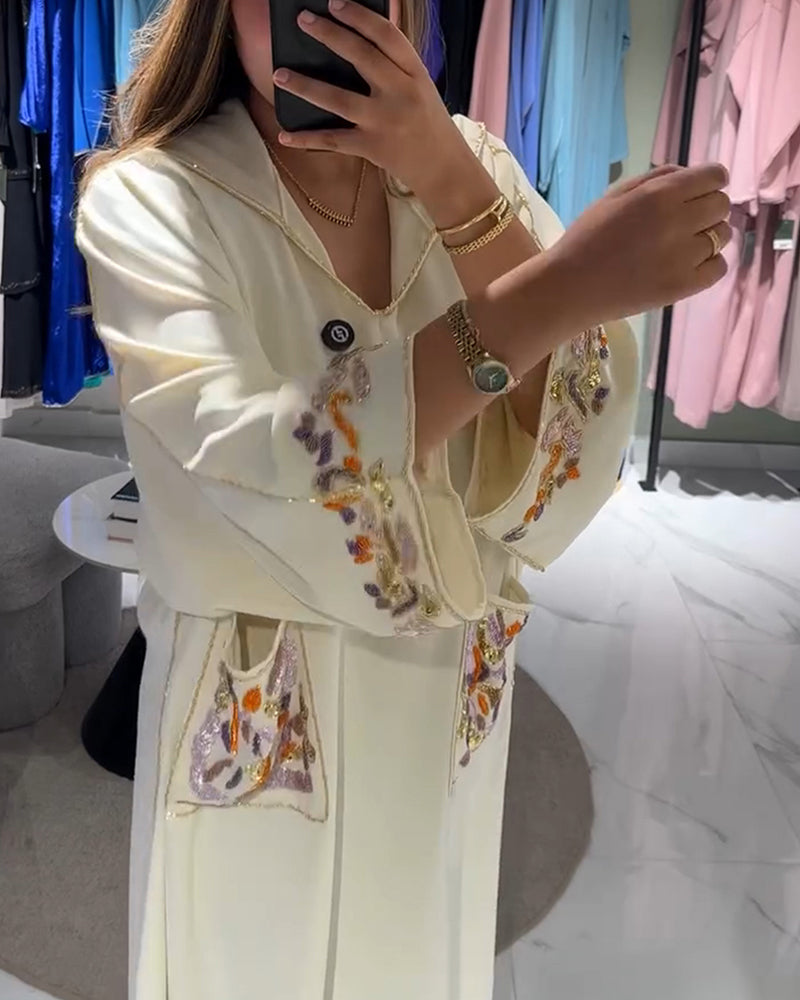 Jurk Met Capuchon Geborduurd Wijd Dubbele Zakken