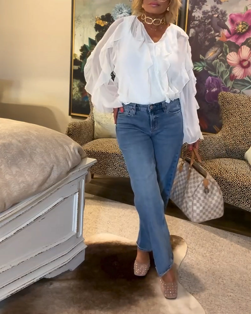 Losvallende Effen Blouse Met Ruches