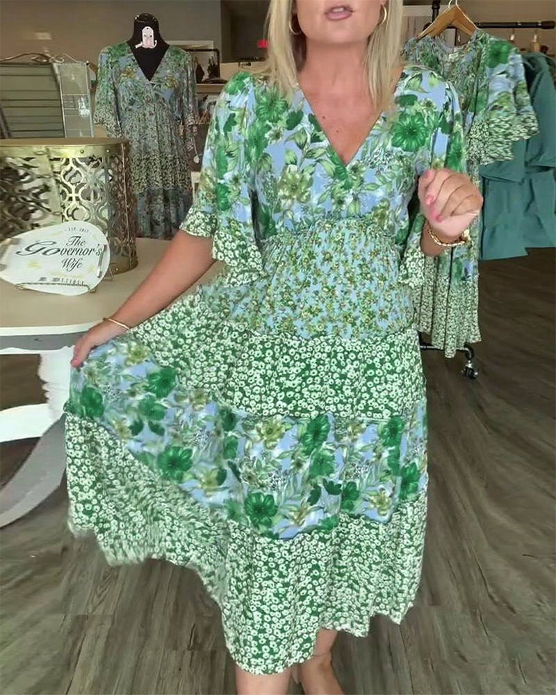 Jurk V-Hals Lotussmouwe Bloemig