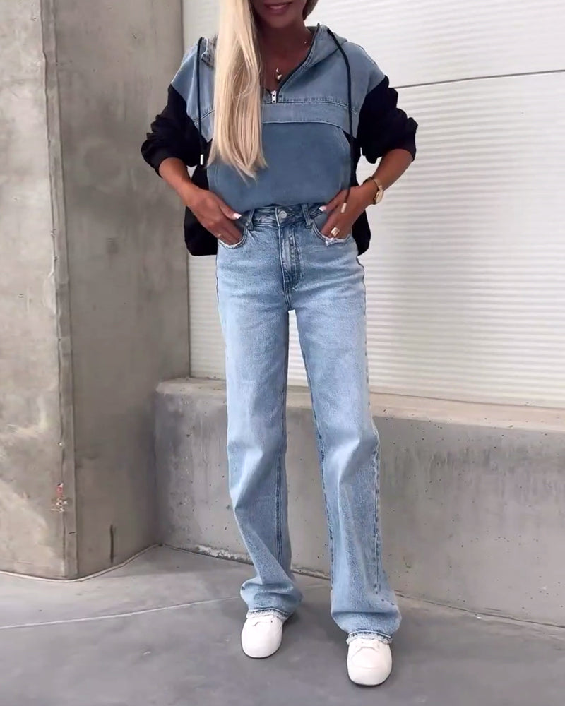 Casual denim patchwork hoodie met rits