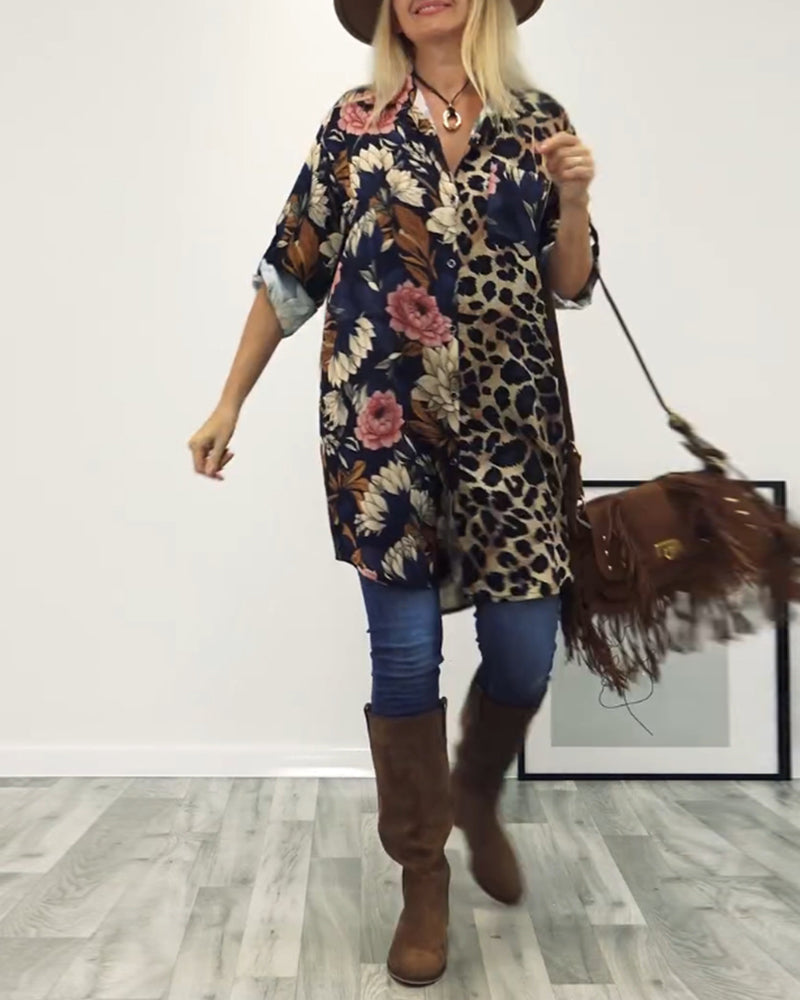 Revers overhemd met patchwork en luipaardprint