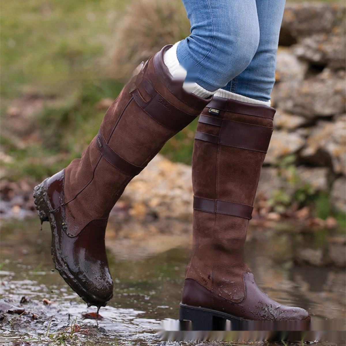 Waterdichte outdoor laarzen met hoge schacht en gespen - leren regenlaarzen voor dames