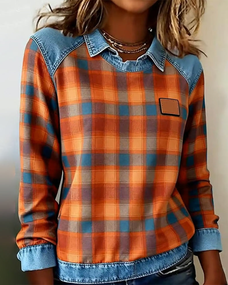 Sweatshirt Revers Ruit Denim Patchwork