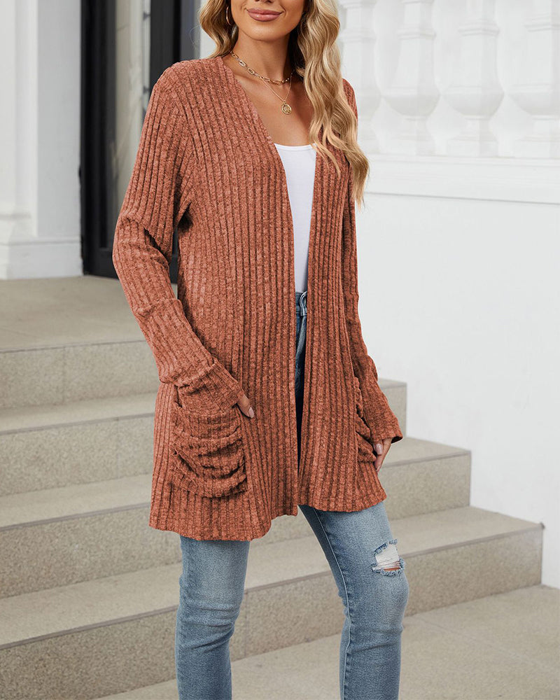Casual effen kleur cardigan met lange mouwen en zak
