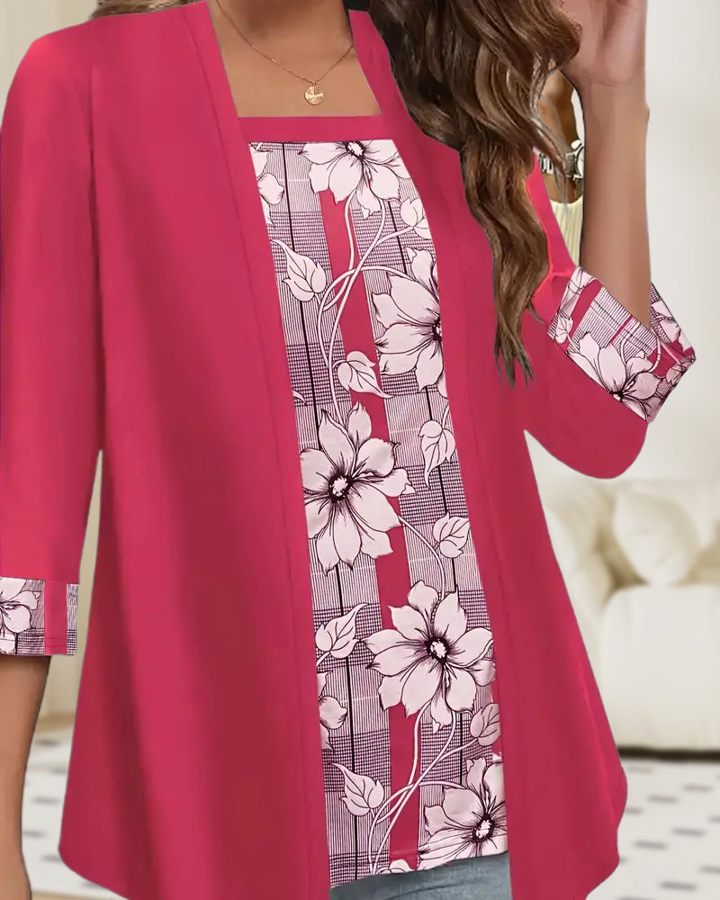 Bedrukt Topje Met Lange Mouwen Nep-Tweedelig Ontwerp